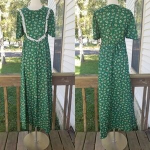 Vintage 70s Handmade Cottagecore Prairie Floral Bib Apron Tie Back Maxi Dress Md